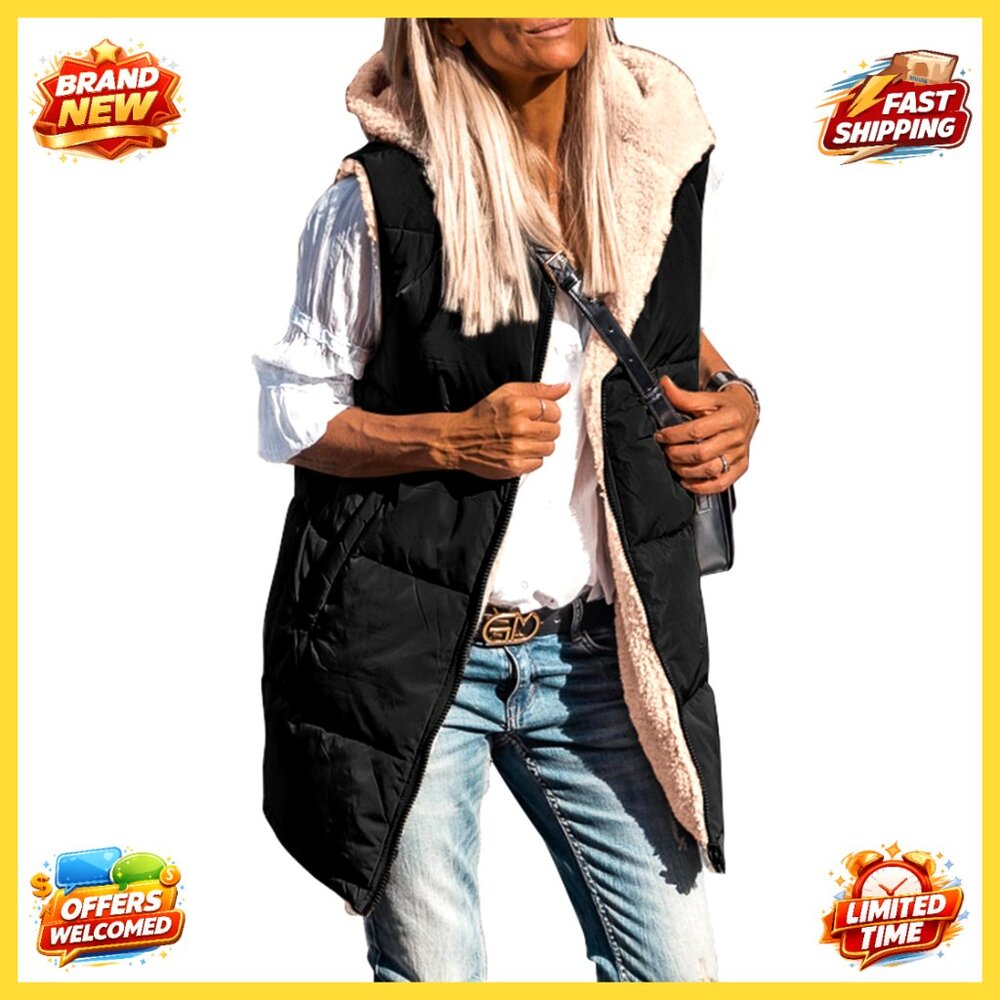Reversible Fleece Vest Hooded Sleeveless Zip Up Winter Coat Women's Size M